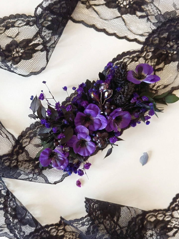 Purple Flower Belt: Gothic Autumn Wedding Dress Accessory – handmade floral hair accessory by magaela