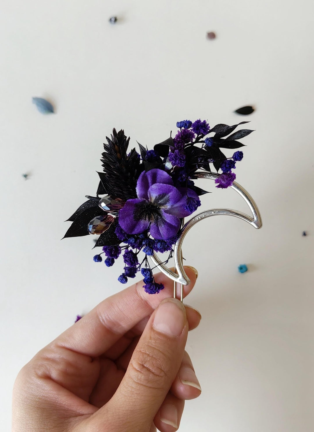 Halloween Moon Hair Clip: Purple Flower Gothic Wedding Accessory – handmade floral hair accessory by magaela