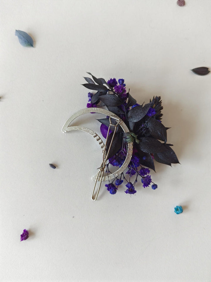Halloween Moon Hair Clip: Purple Flower Gothic Wedding Accessory – handmade floral hair accessory by magaela