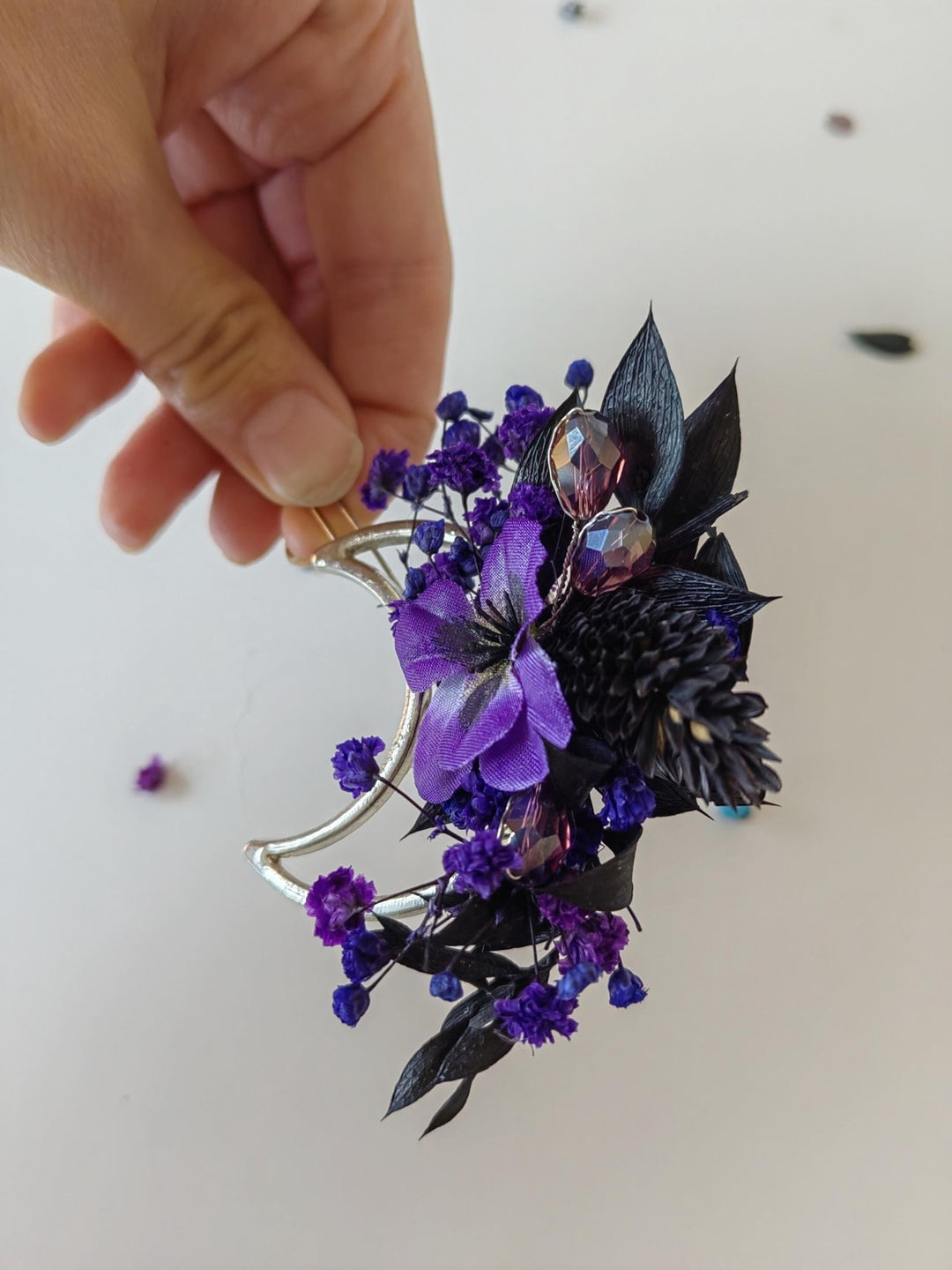 Halloween Moon Hair Clip: Purple Flower Gothic Wedding Accessory – handmade floral hair accessory by magaela