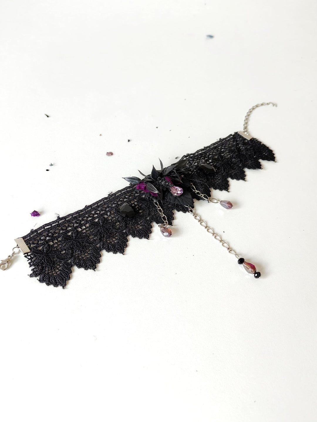 Gothic Lace Choker: Black Necklace with Purple Flowers & Chains – handmade floral hair accessory by magaela