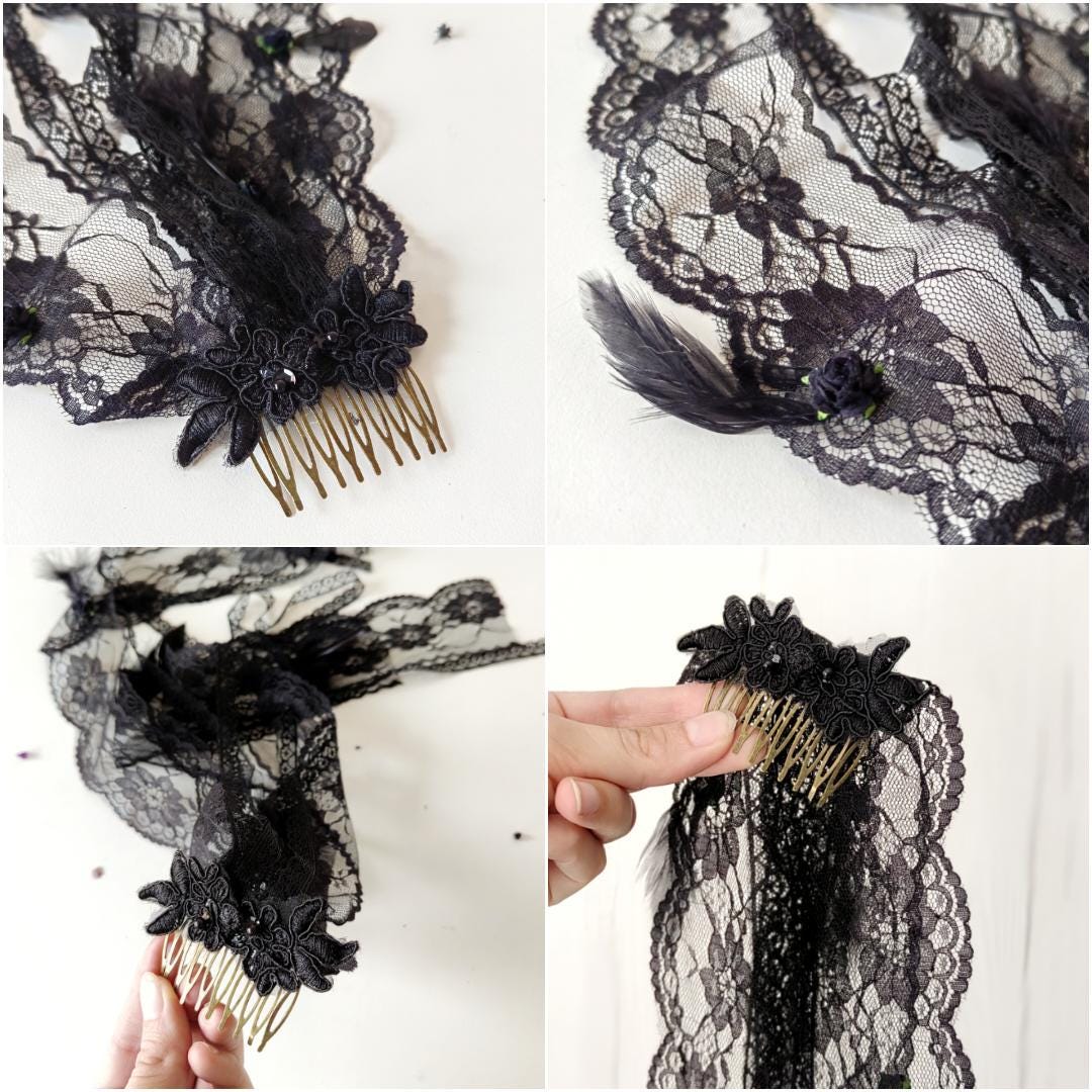 Gothic Wedding Black Lace Veil: Corpse Bride Flower Hairpins – handmade floral hair accessory by magaela