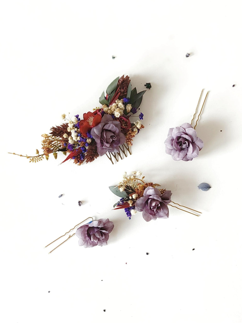 Purple Flower Hair Comb & Pins: Bridal Violet Hair Accessories – handmade floral hair accessory by magaela