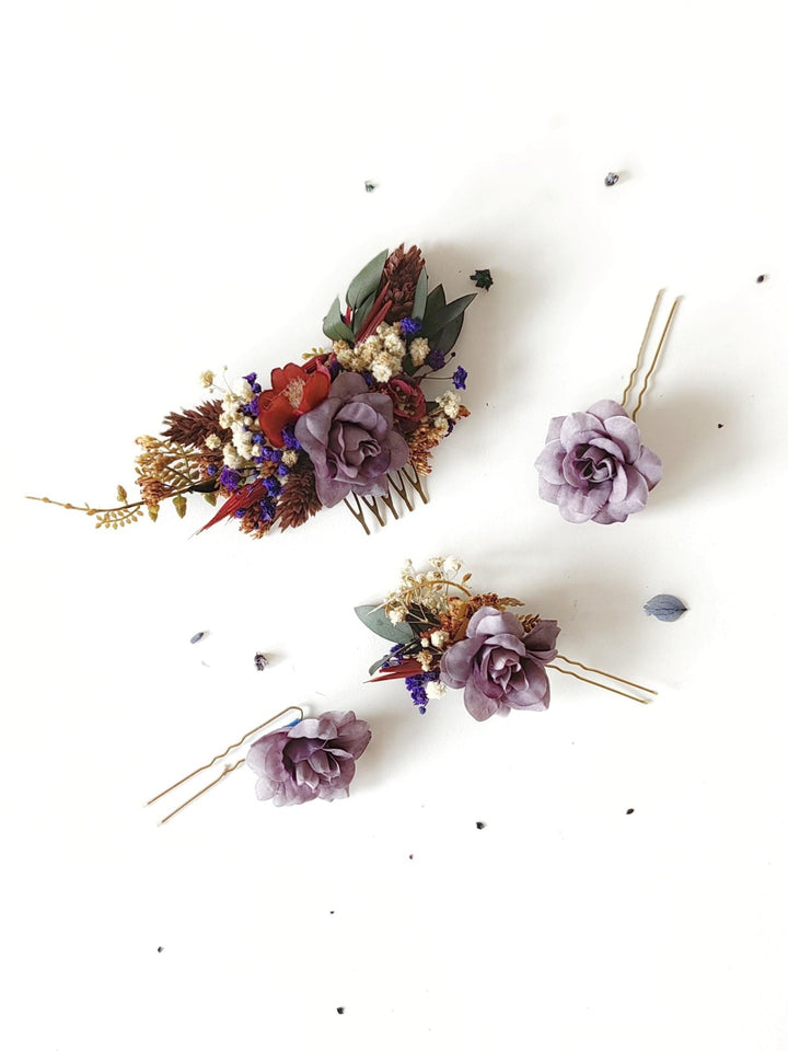 Purple Flower Hair Comb & Pins: Bridal Violet Hair Accessories – handmade floral hair accessory by magaela