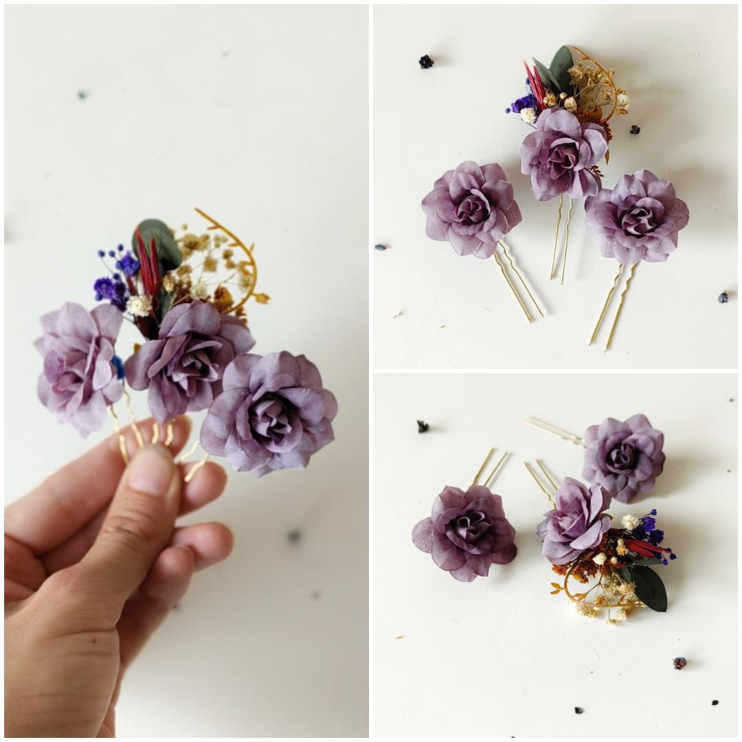 Purple Flower Hair Comb & Pins: Bridal Violet Hair Accessories – handmade floral hair accessory by magaela