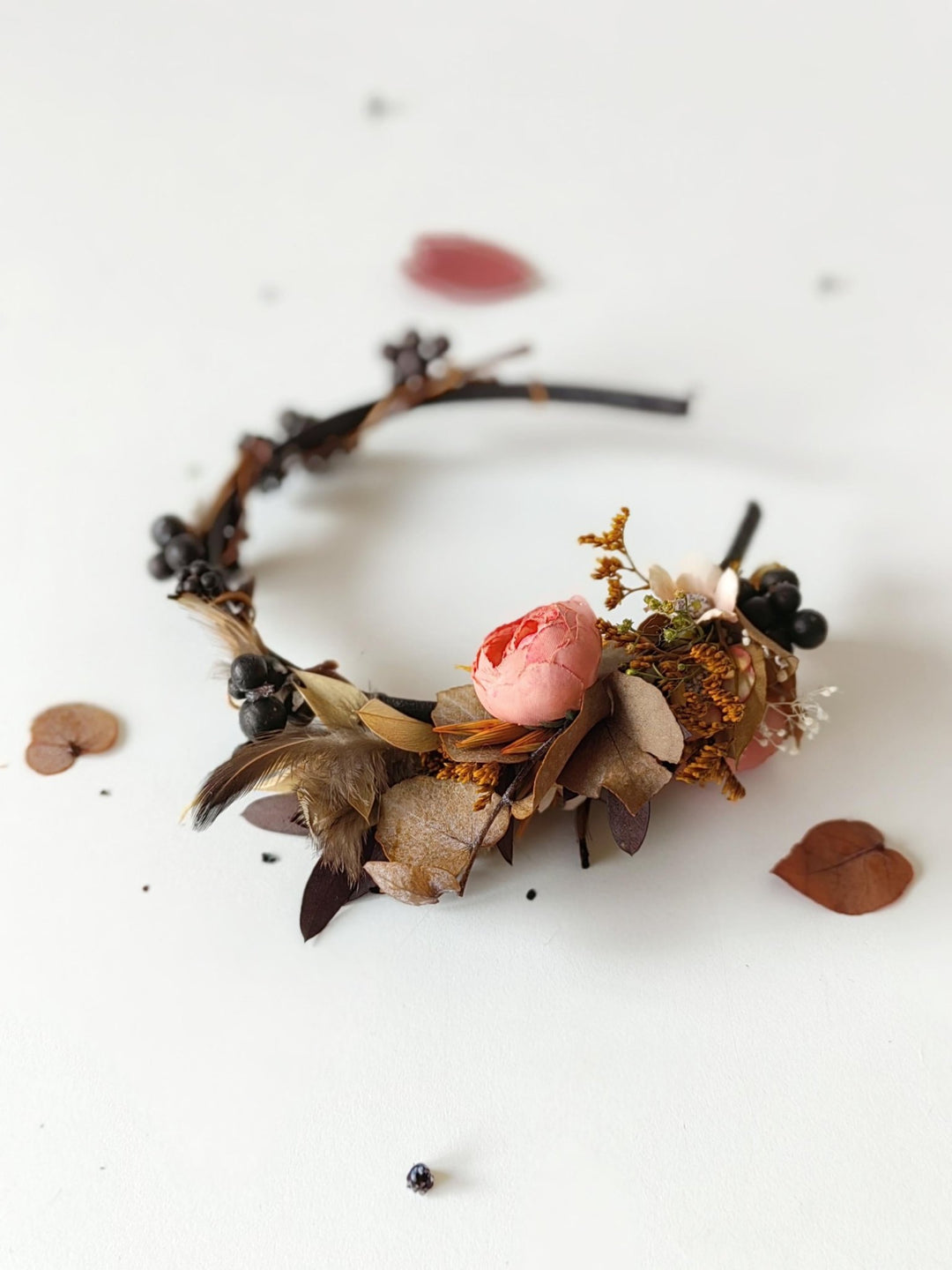 Autumn Flower Headband: Peony, Blackberries & Feathers – handmade floral hair accessory by magaela