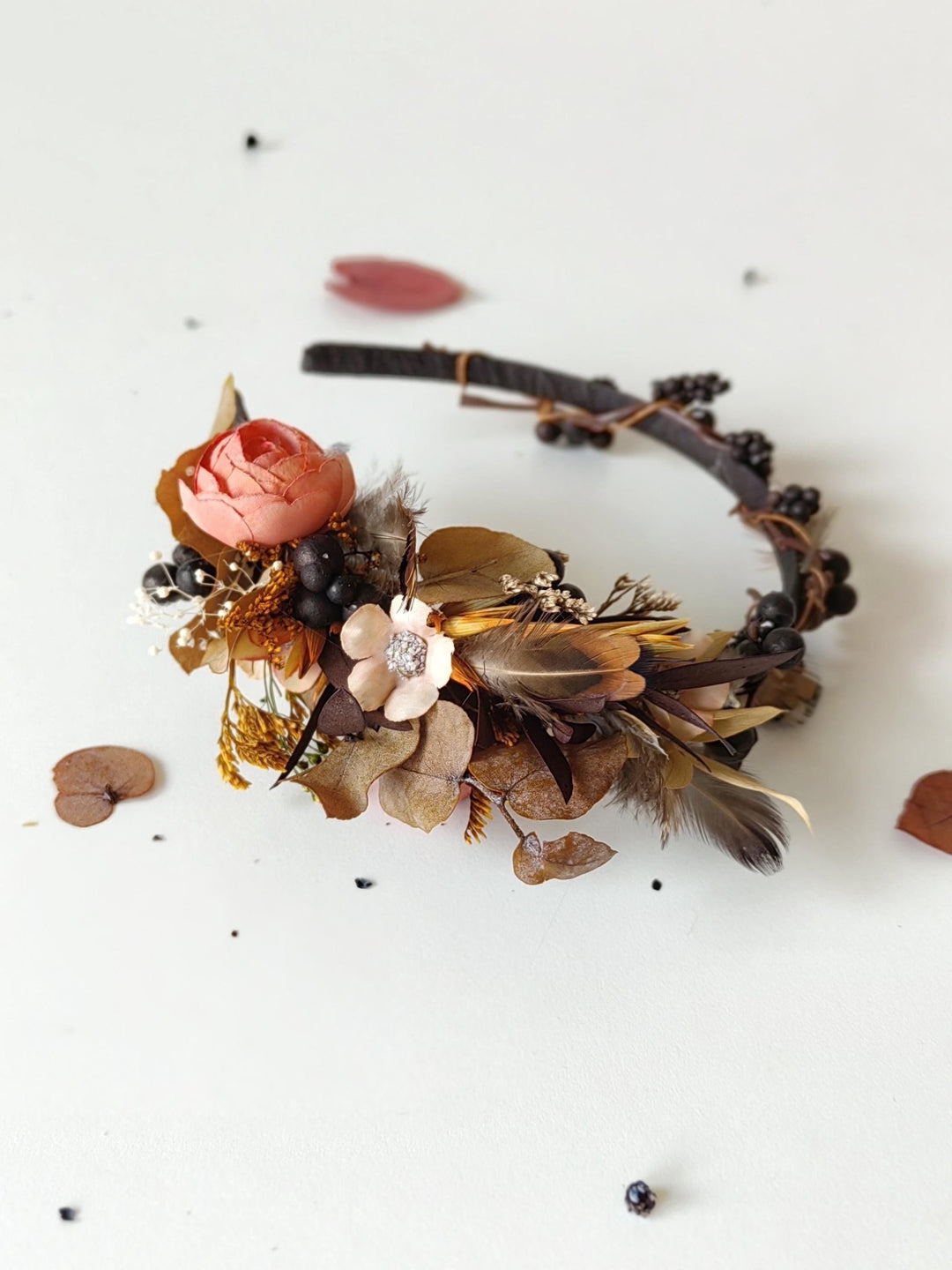 Autumn Flower Headband: Peony, Blackberries & Feathers – handmade floral hair accessory by magaela