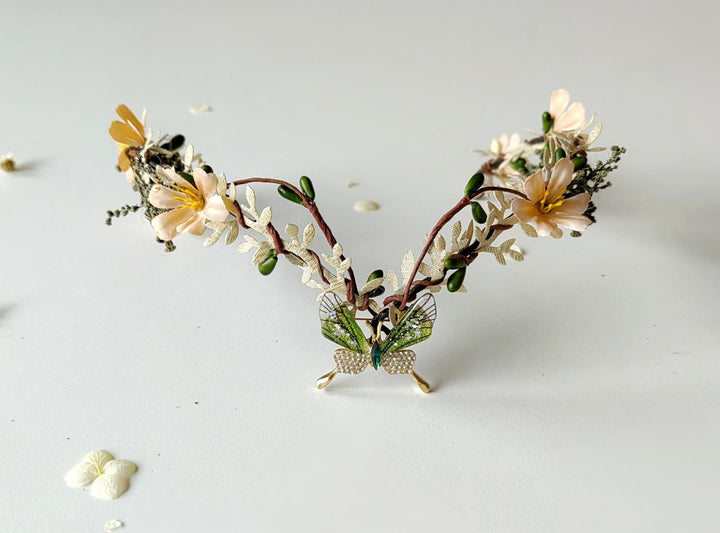 Butterfly Elven Crown: Green Beige Wedding Tiara – handmade floral hair accessory by magaela