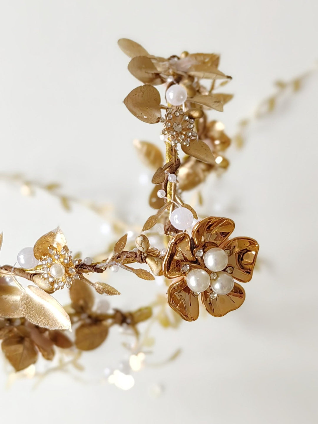 Golden Wedding Crown with Veil: Glamour Pearl Bridal Tiara – handmade floral hair accessory by magaela