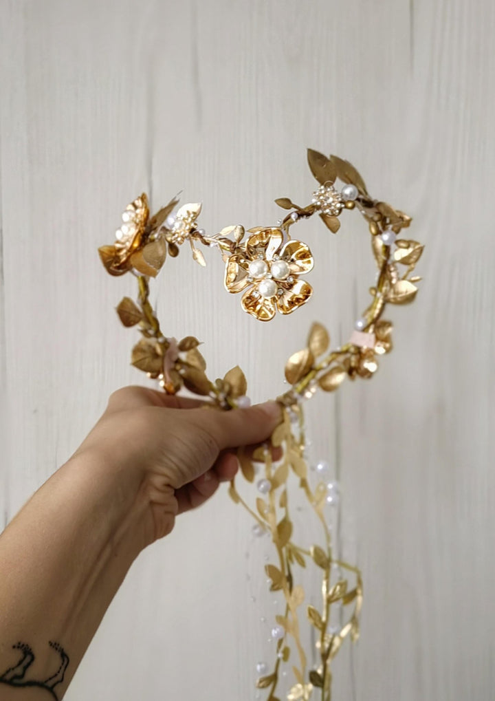 Golden Wedding Crown with Veil: Glamour Pearl Bridal Tiara – handmade floral hair accessory by magaela