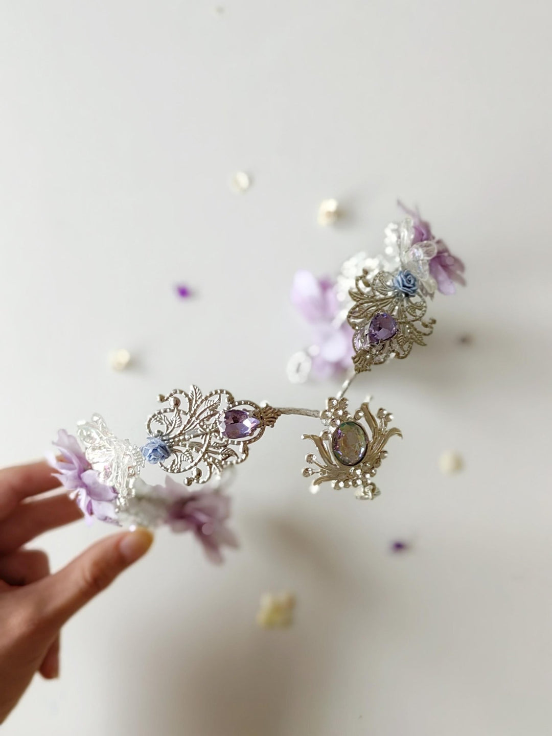 Lilac Flower Bridal Crown: Vintage Elf Wedding Tiara – handmade floral hair accessory by magaela