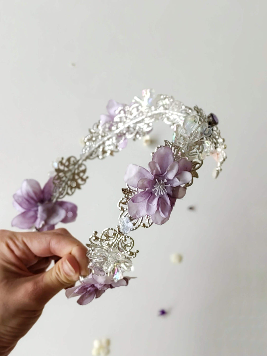 Lilac Flower Bridal Crown: Vintage Elf Wedding Tiara – handmade floral hair accessory by magaela