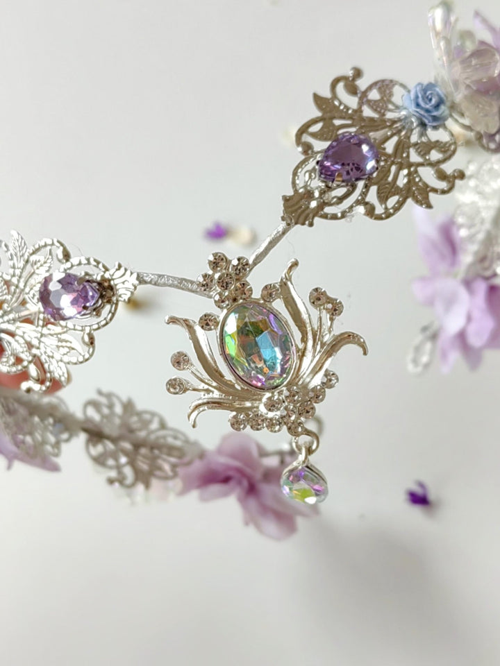 Lilac Flower Bridal Crown: Vintage Elf Wedding Tiara – handmade floral hair accessory by magaela
