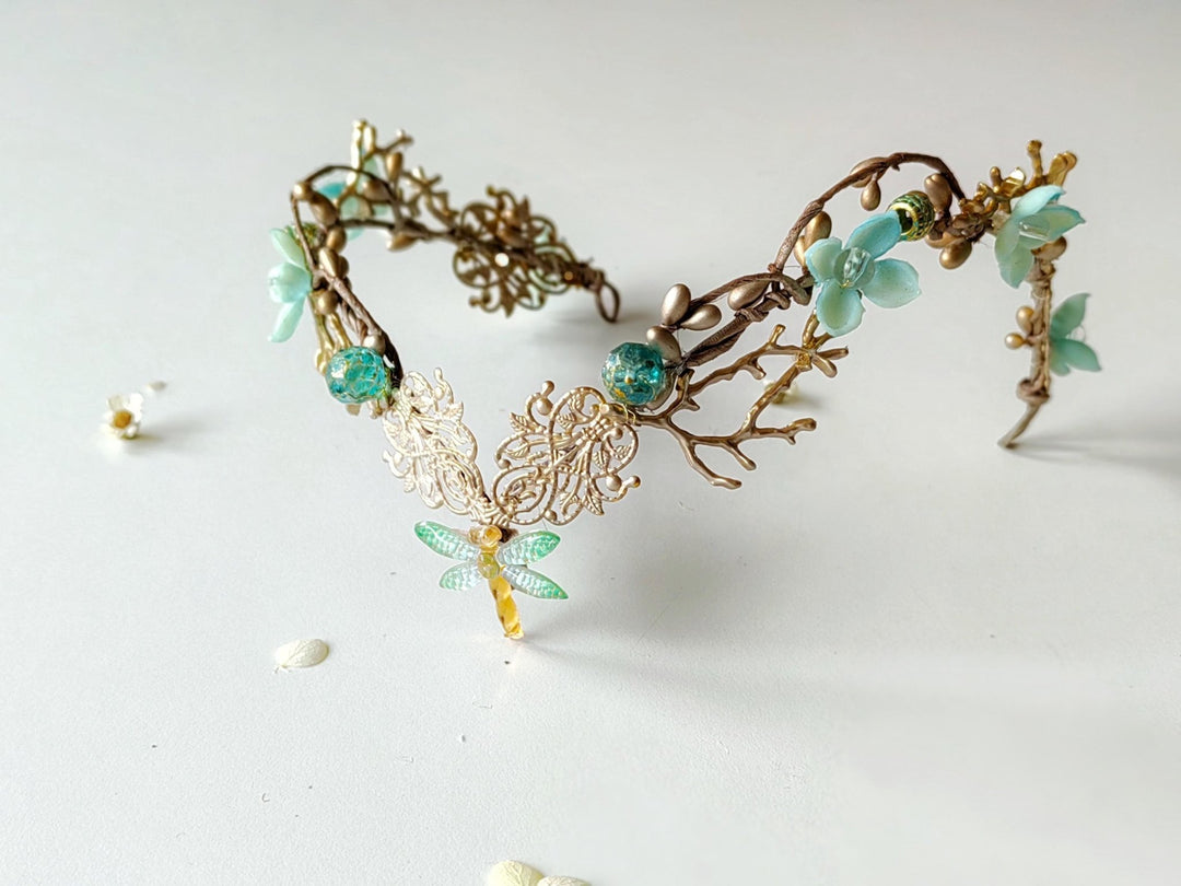 Mint & Gold Dragonfly Crown: Elven Bridal Tiara – handmade floral hair accessory by magaela
