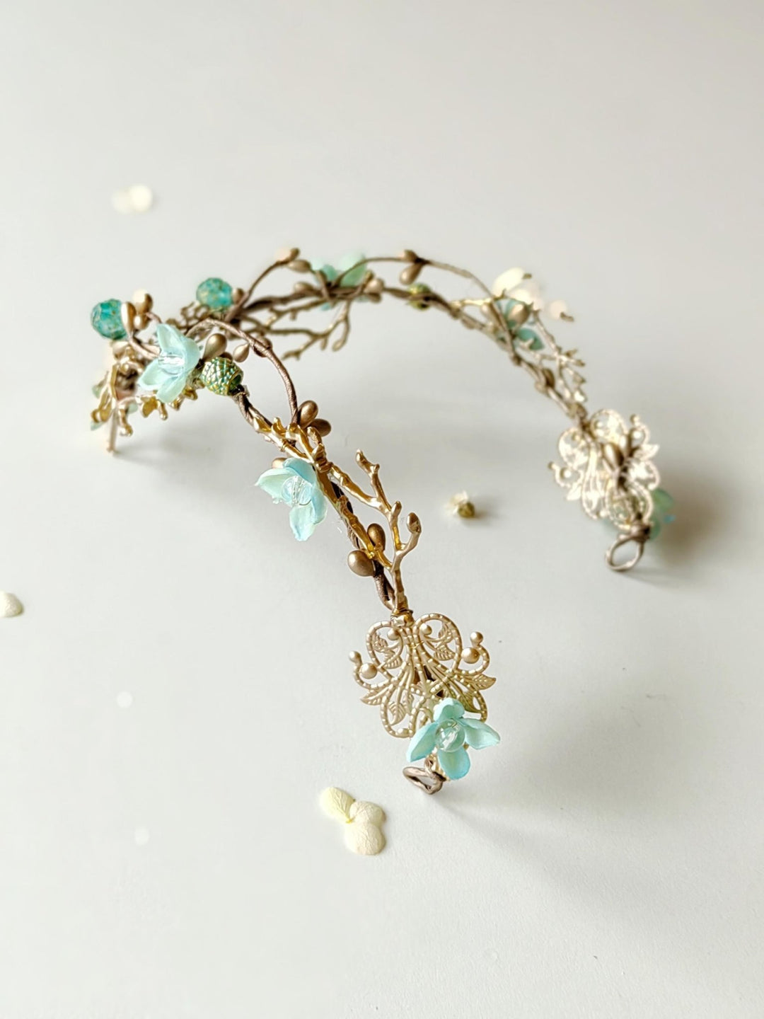 Mint & Gold Dragonfly Crown: Elven Bridal Tiara – handmade floral hair accessory by magaela