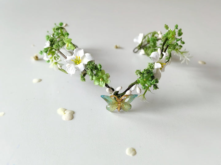 Butterfly Elven Tiara: Greenery Wedding Flower Crown – handmade floral hair accessory by magaela