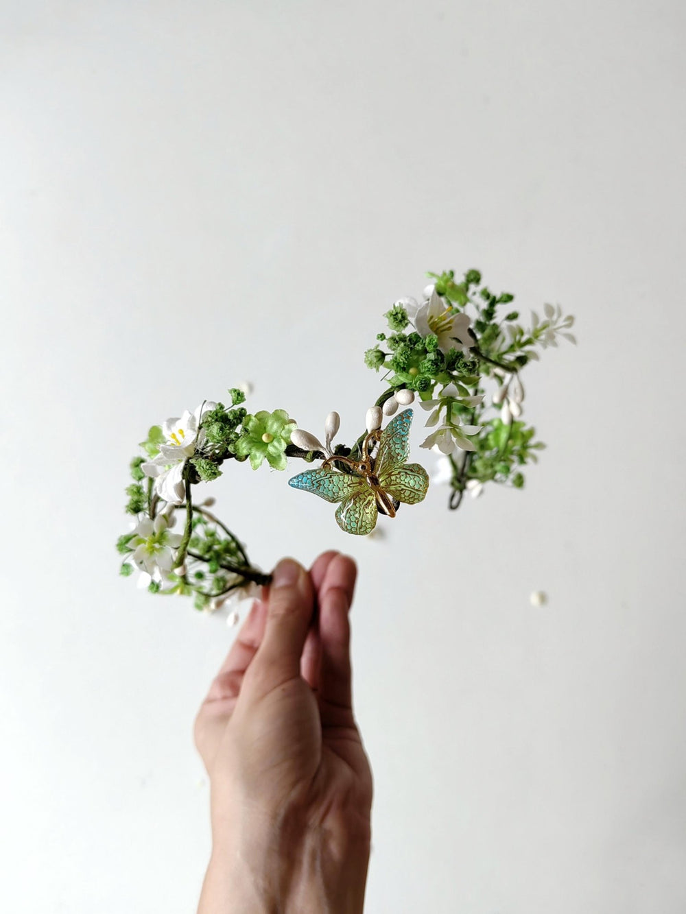 Butterfly Elven Tiara: Greenery Wedding Flower Crown – handmade floral hair accessory by magaela