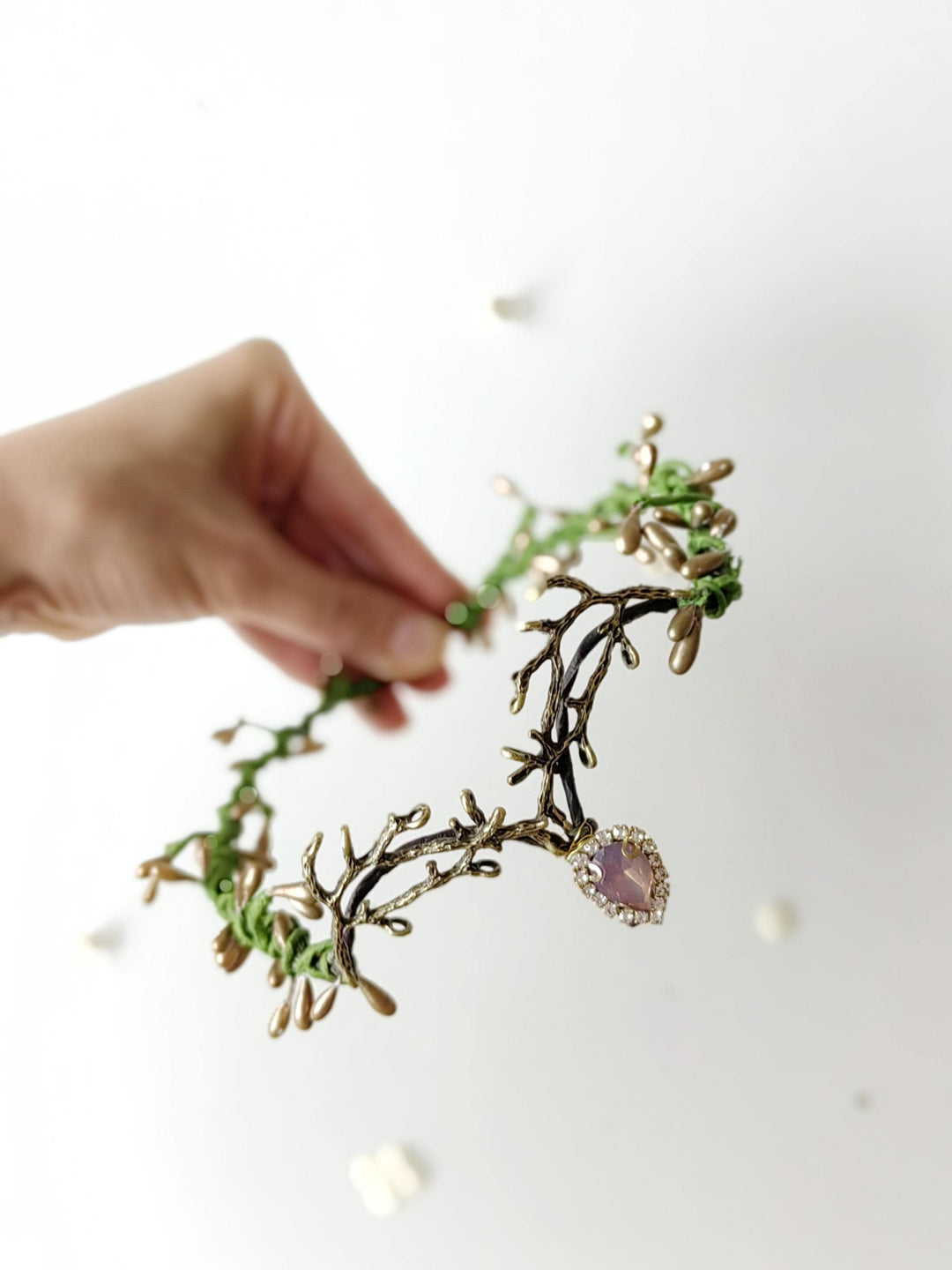 Woodland Wedding Tiara – Green Gold Elven Crown – handmade floral hair accessory by magaela
