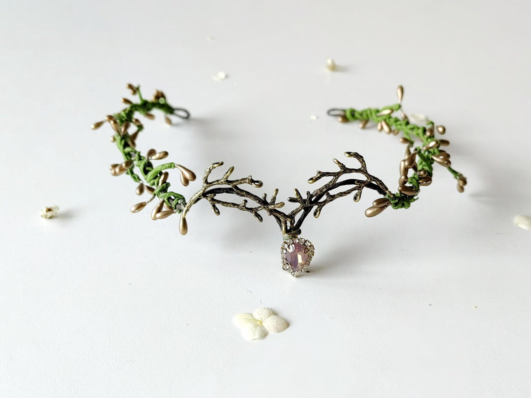 Woodland Wedding Tiara – Green Gold Elven Crown – handmade floral hair accessory by magaela