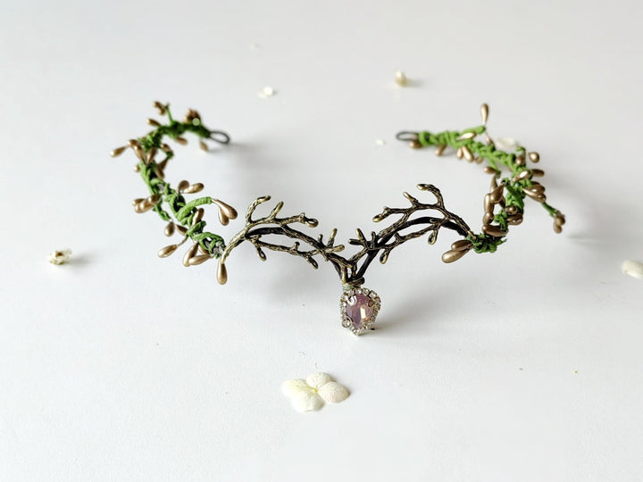 Woodland Wedding Tiara – Green Gold Elven Crown – handmade floral hair accessory by magaela