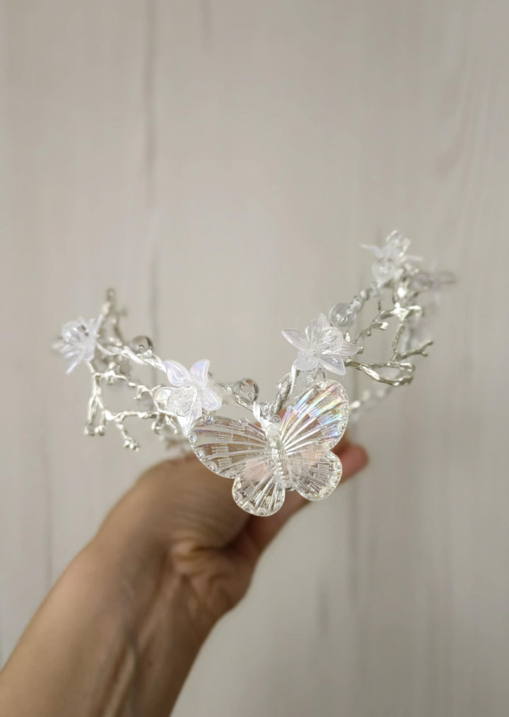 Butterfly Wedding Tiara with Veil: Winter Renaissance Crown – handmade floral hair accessory by magaela