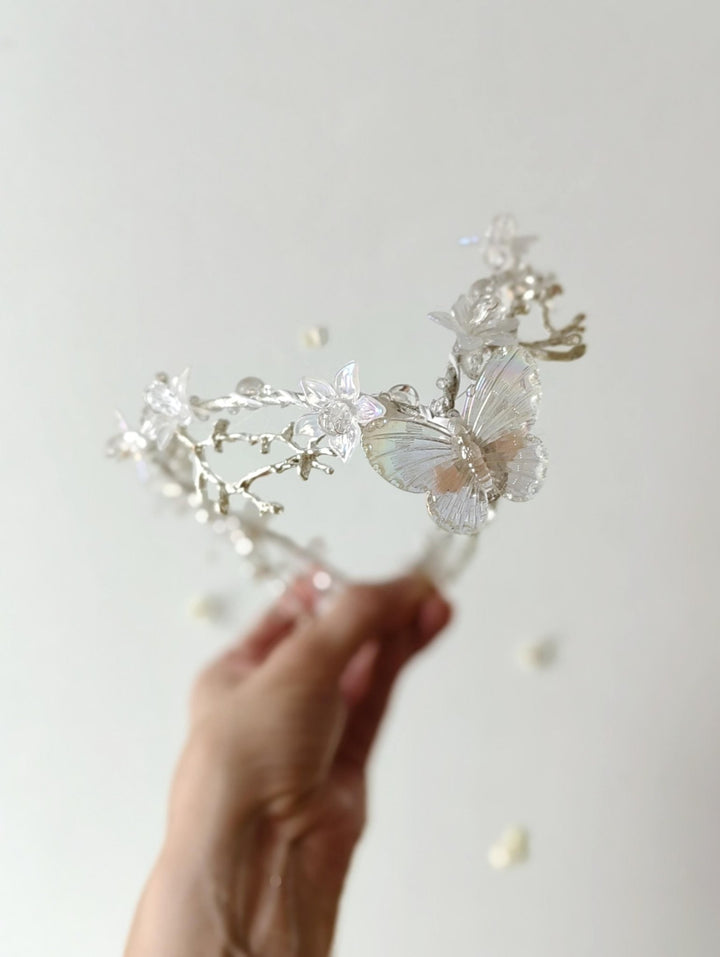 Butterfly Wedding Tiara with Veil: Winter Renaissance Crown – handmade floral hair accessory by magaela
