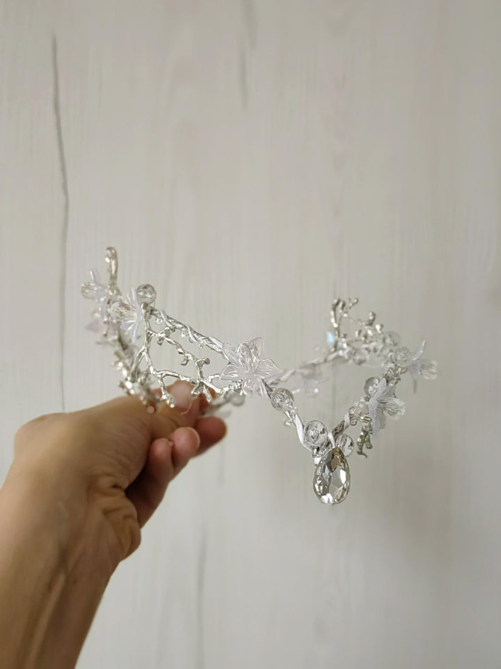 Winter Wedding Tiara: Transparent Flower Fairy Crown with Veil – handmade floral hair accessory by magaela