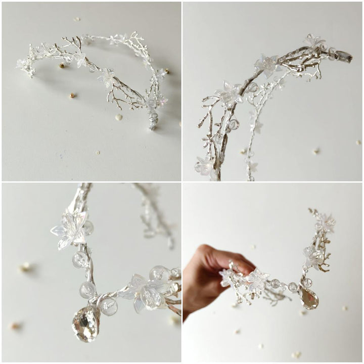 Winter Wedding Tiara: Transparent Flower Fairy Crown with Veil – handmade floral hair accessory by magaela
