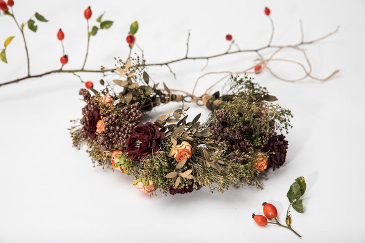 Burgundy Rose Flower Crown: Boho Autumn Wedding Hair Wreath – handmade floral hair accessory by magaela