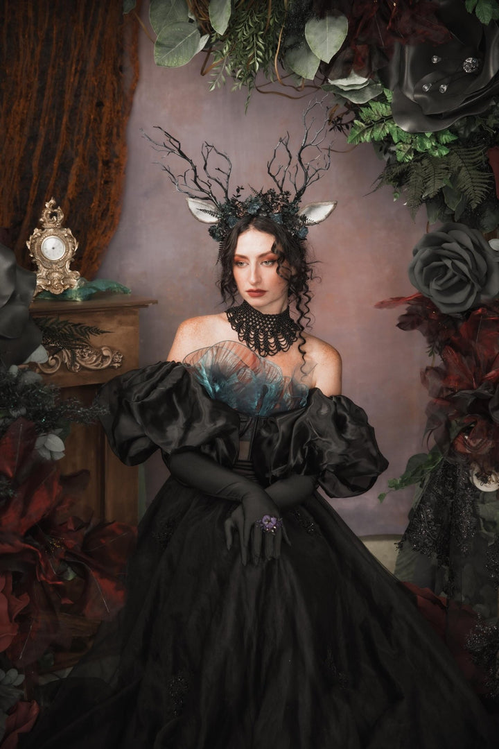 Black Antler Crown: Pagan Festival Headband – handmade floral hair accessory by magaela