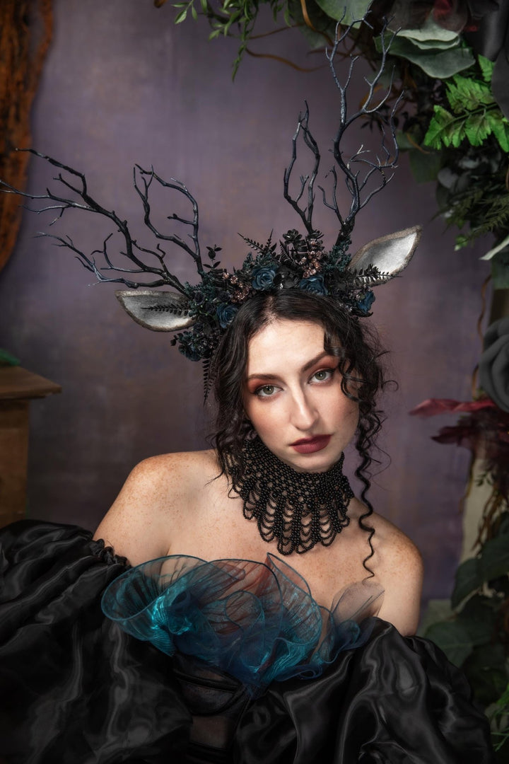Black Antler Crown: Pagan Festival Headband – handmade floral hair accessory by magaela