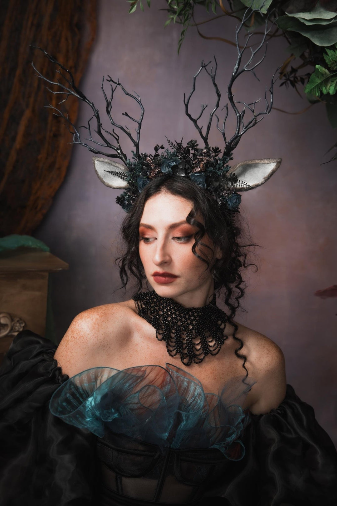 Black Antler Crown: Pagan Festival Headband – handmade floral hair accessory by magaela