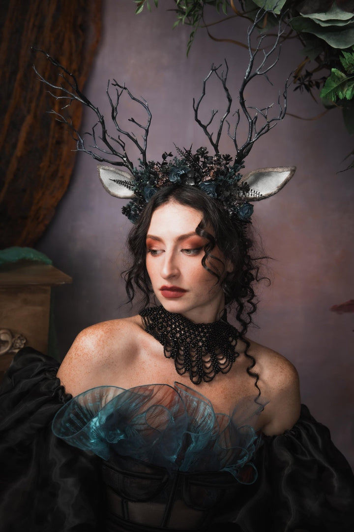 Black Antler Crown: Pagan Festival Headband – handmade floral hair accessory by magaela