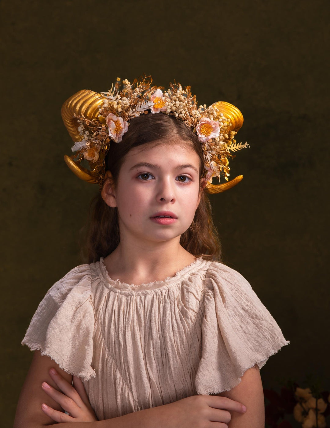 Golden Horns Flower Crown: Pagan Fairytale Headpiece – handmade floral hair accessory by magaela