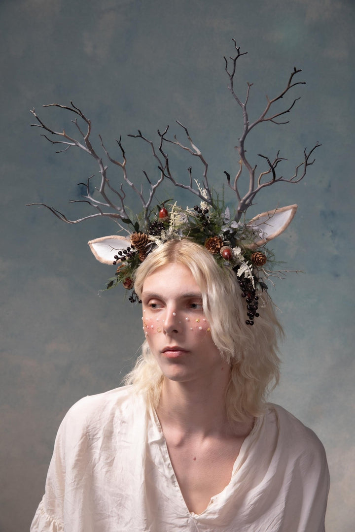 Woodland Antlers Crown: Fairycore Flower Headband – handmade floral hair accessory by magaela