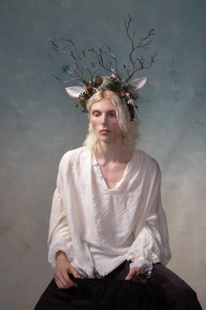 Woodland Antlers Crown: Fairycore Flower Headband – handmade floral hair accessory by magaela