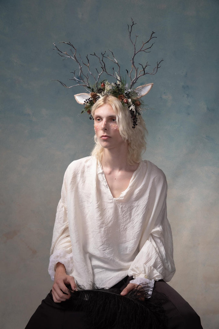 Woodland Antlers Crown: Fairycore Flower Headband – handmade floral hair accessory by magaela