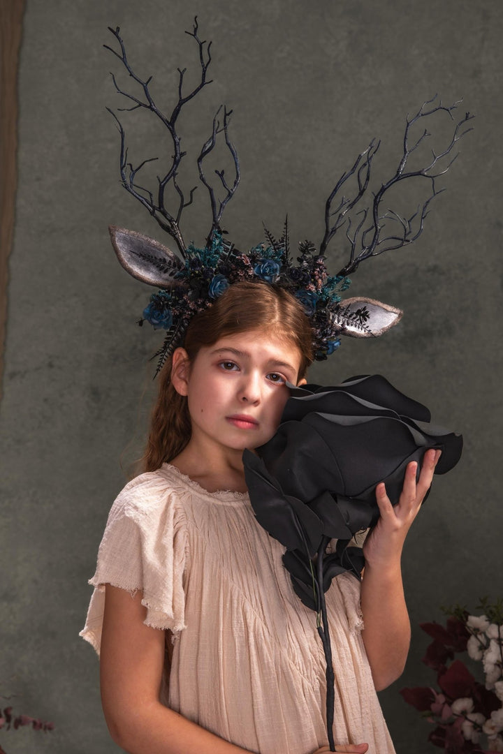 Black Antler Crown Headband: Pagan Festival Headpiece – handmade floral hair accessory by magaela