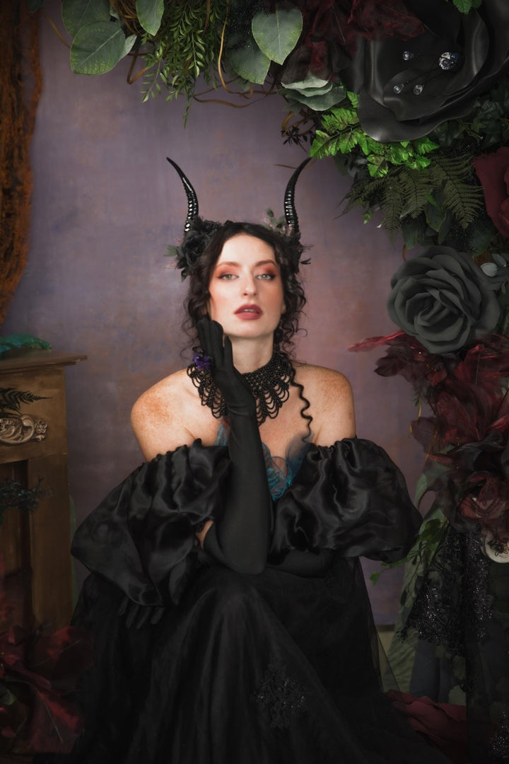 Black Horns Crown: Gothic Witch Headpiece, Pagan Fest – handmade floral hair accessory by magaela