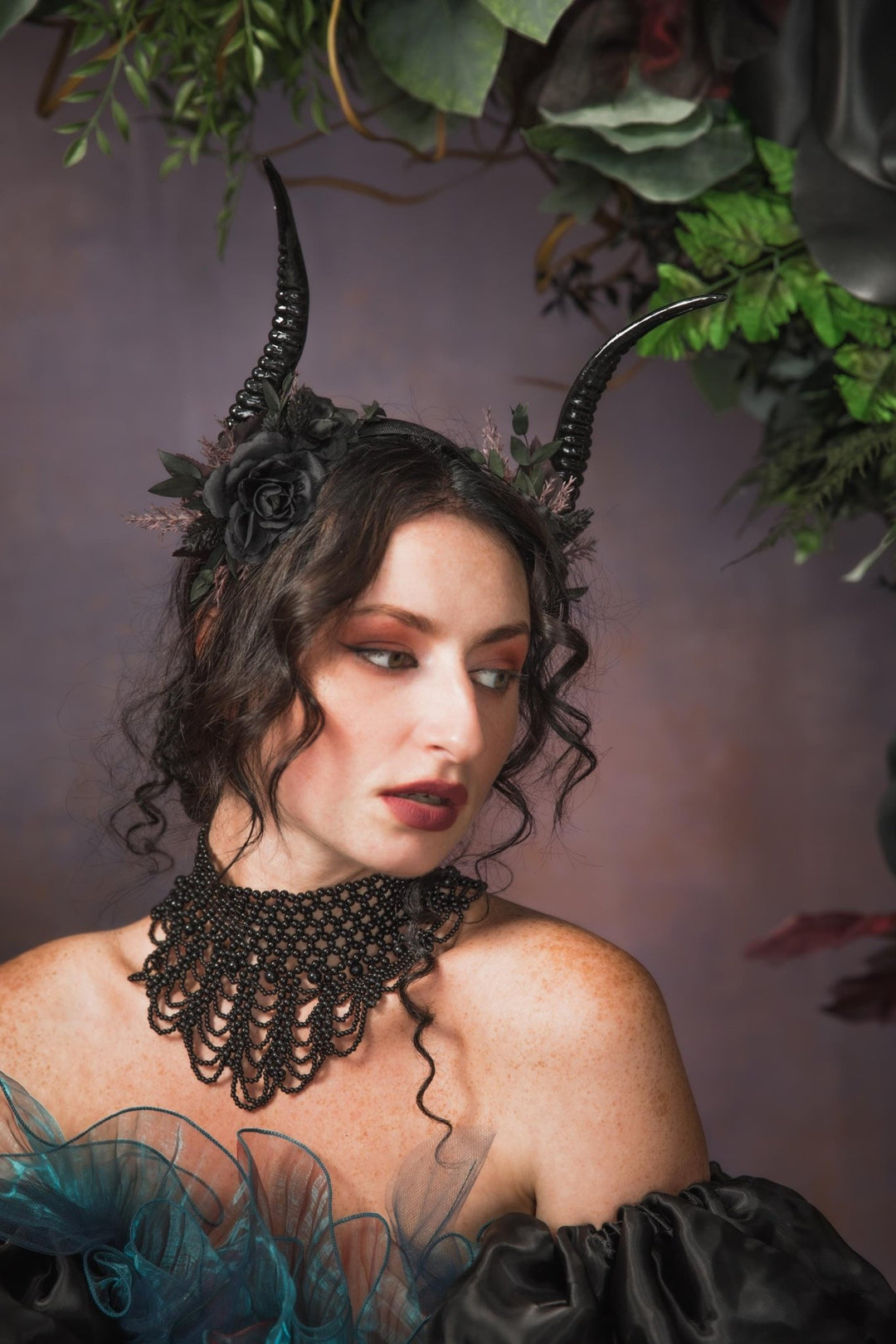 Black Horns Crown: Gothic Witch Headpiece, Pagan Fest – handmade floral hair accessory by magaela