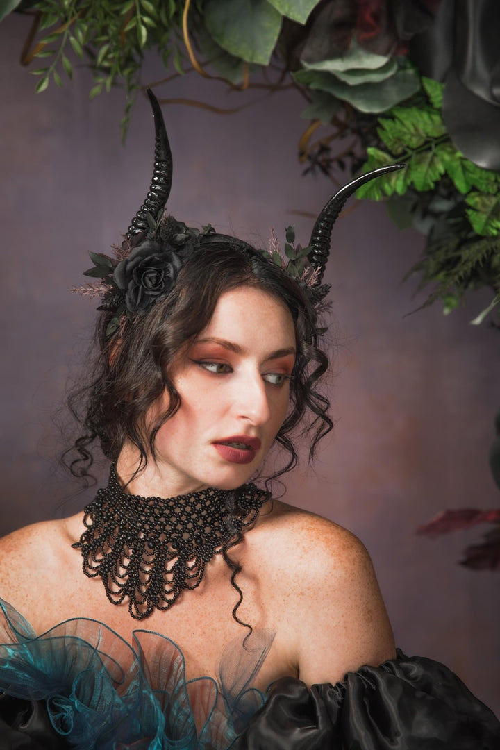 Black Horns Crown: Gothic Witch Headpiece, Pagan Fest – handmade floral hair accessory by magaela