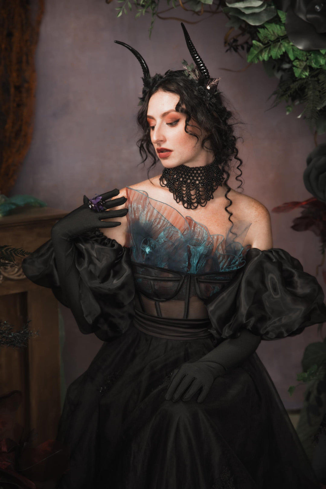 Black Horns Crown: Gothic Witch Headpiece, Pagan Fest – handmade floral hair accessory by magaela