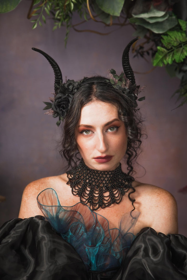 Black Horns Crown: Gothic Witch Headpiece, Pagan Fest – handmade floral hair accessory by magaela