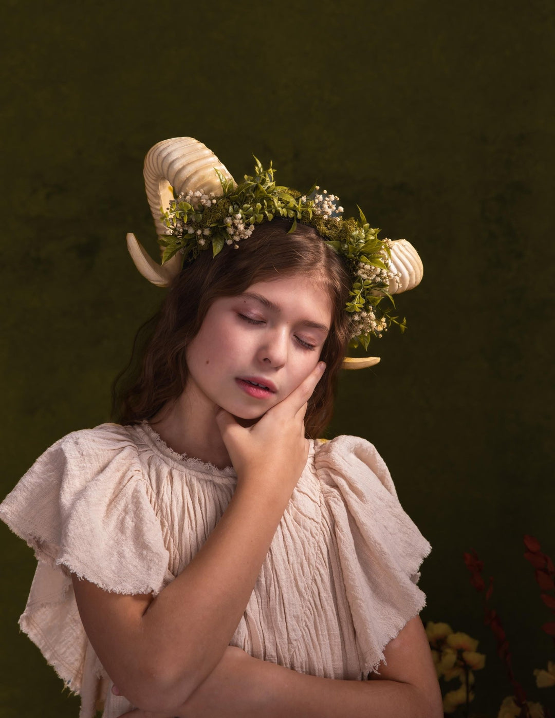 Greenery Horns Crown: Fairycore Pagan Festival Headband – handmade floral hair accessory by magaela