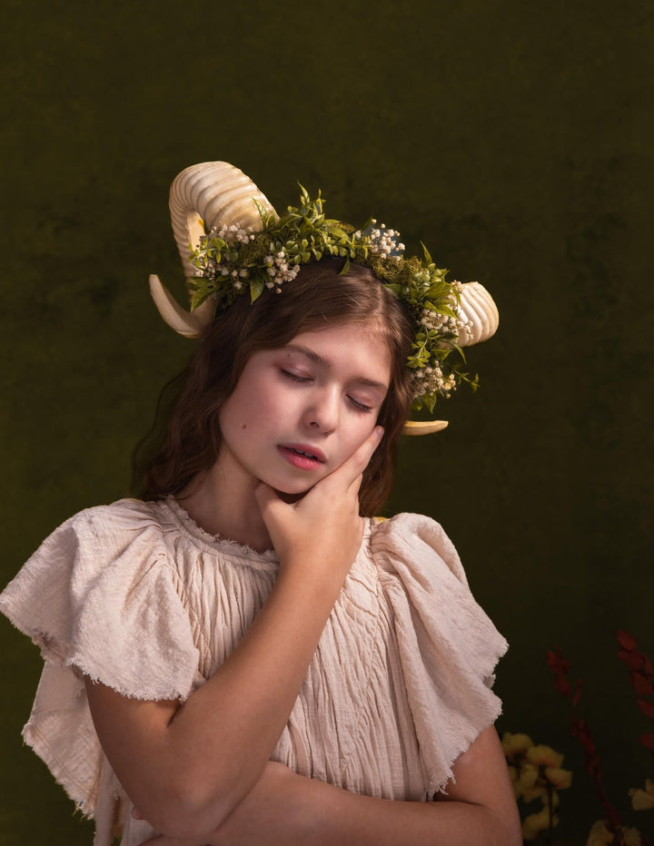 Greenery Horns Crown: Fairycore Pagan Festival Headband – handmade floral hair accessory by magaela