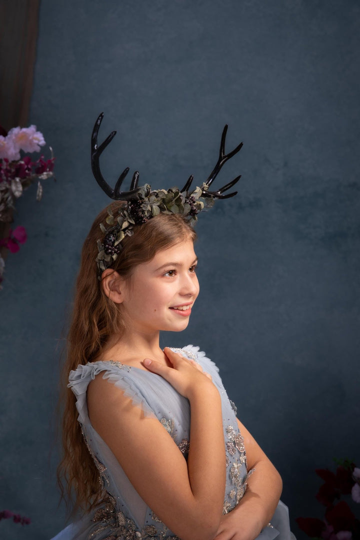 Black Antlers Flower Crown: Fairycore Halloween Headpiece – handmade floral hair accessory by magaela
