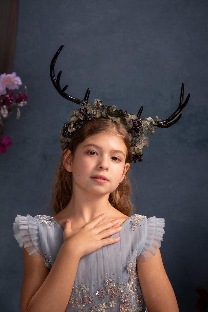 Black Antlers Flower Crown: Fairycore Halloween Headpiece – handmade floral hair accessory by magaela