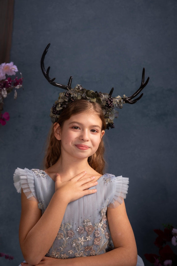 Black Antlers Flower Crown: Fairycore Halloween Headpiece – handmade floral hair accessory by magaela