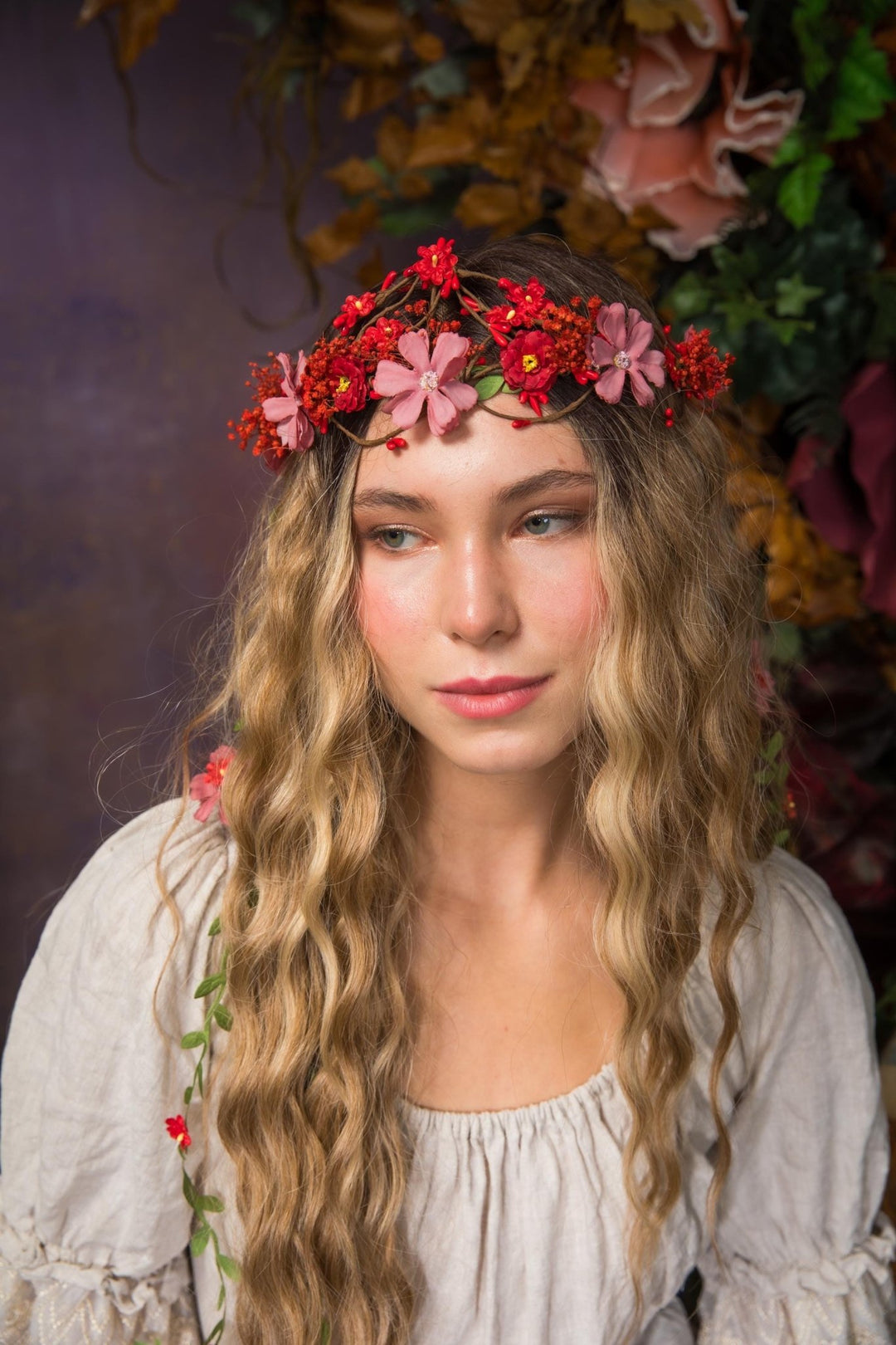 Bridal Flower Hair Wreath with Veil: Romantic Fairy Crown – handmade floral hair accessory by magaela