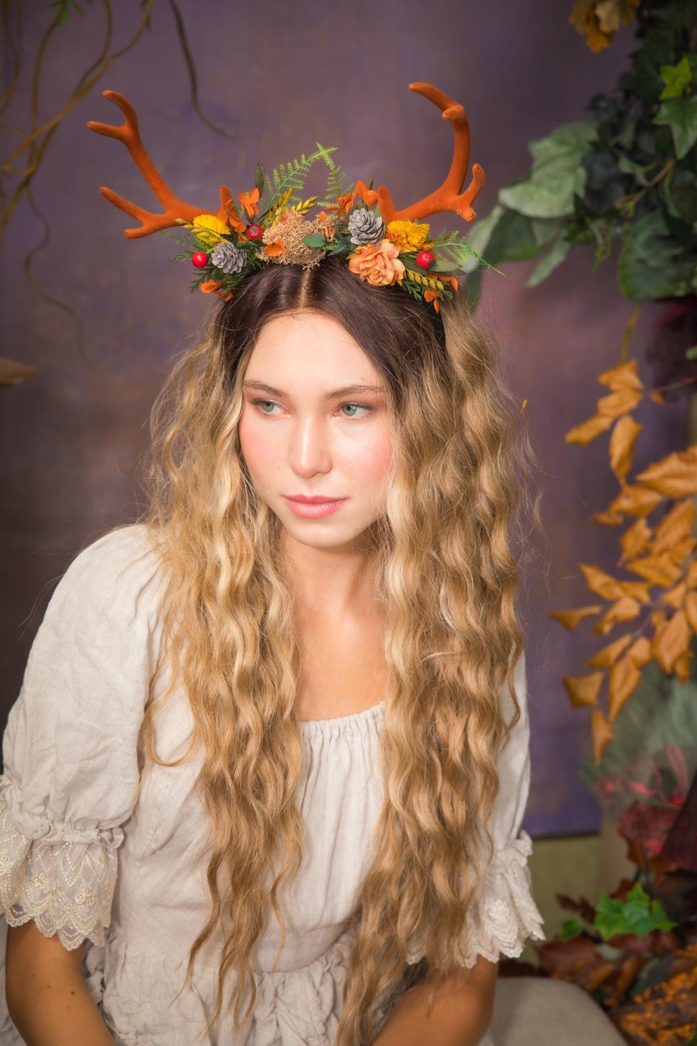 Autumn Antler Crown: Woodland Flower Headband, Pagan Festival – handmade floral hair accessory by magaela